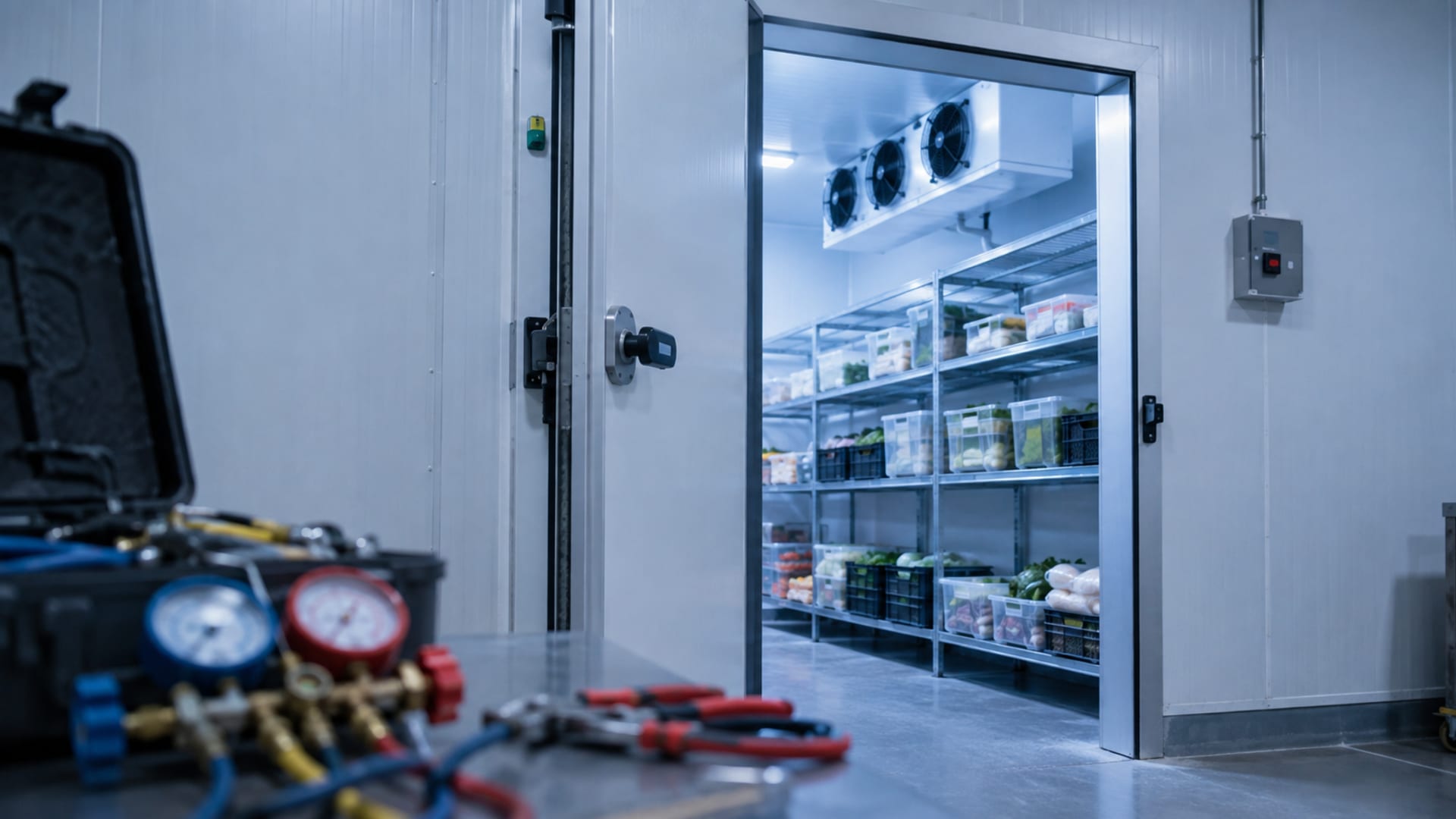 Cámara frigorífica comercial en reparación con equipamiento de servicio técnico en primer plano